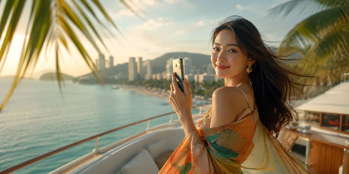 Người chơi sử dụng ứng dụng 1725 di động khi đang thưởng thức cảnh đẹp Sapa